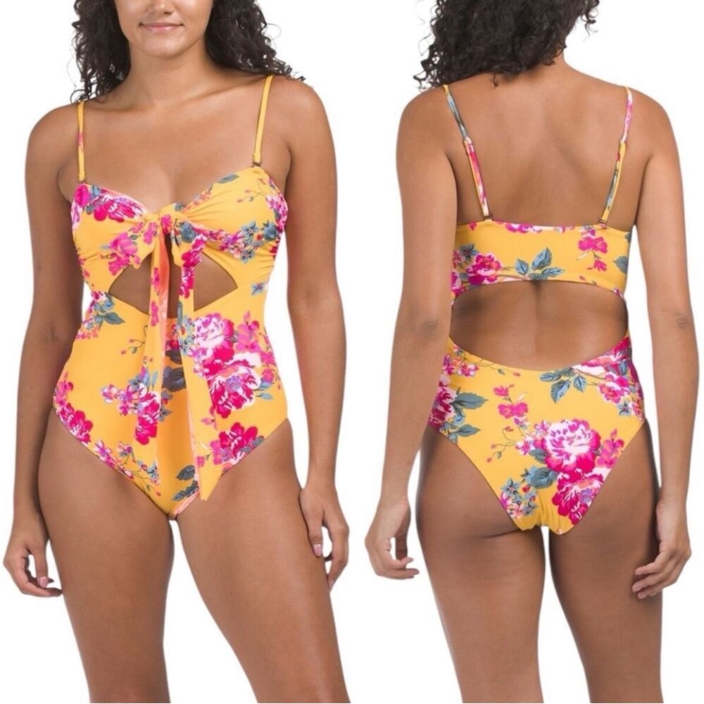 Maaji Yellow Tropical Floral Convertible & Reversible‎ Cutout Swimsuit Sz. L NWT